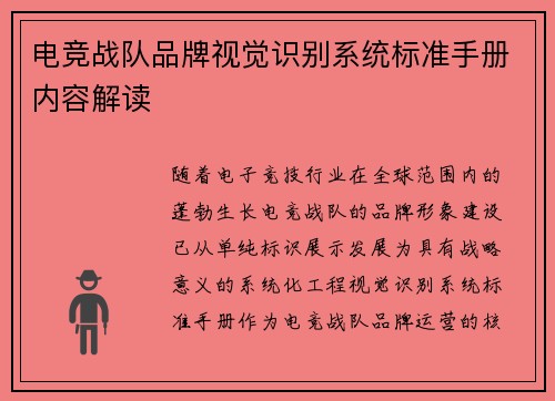 电竞战队品牌视觉识别系统标准手册内容解读